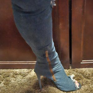Liliana Barbara-13 Thigh High Knee Denim Open Toe Stiletto Heel Boot Size 9.5